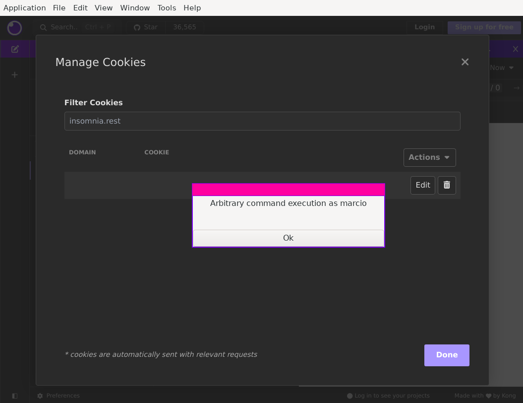 A screenshot of Insomnia’s cookie editing feature with a popup in front of it. The popup says “Arbitrary command execution as marcio”.