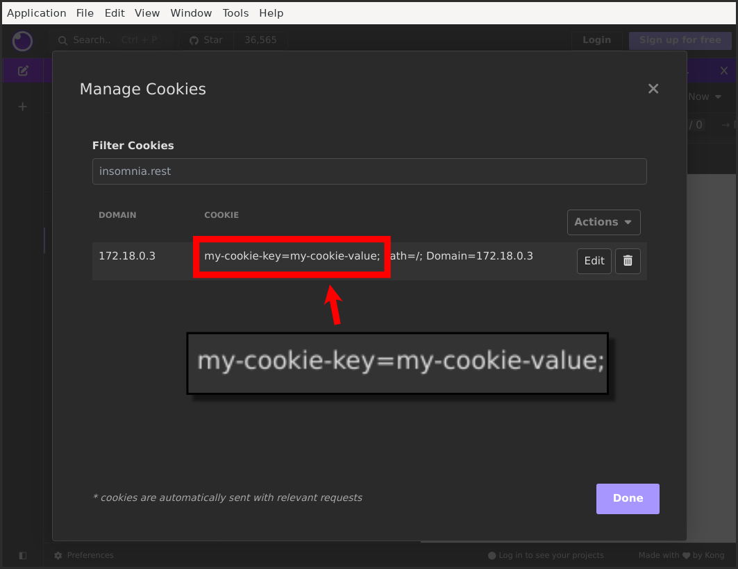 A screenshot of Insomnia showing that our cookie has been set, and appears in the list of cookies in the Insomnia cookie jar