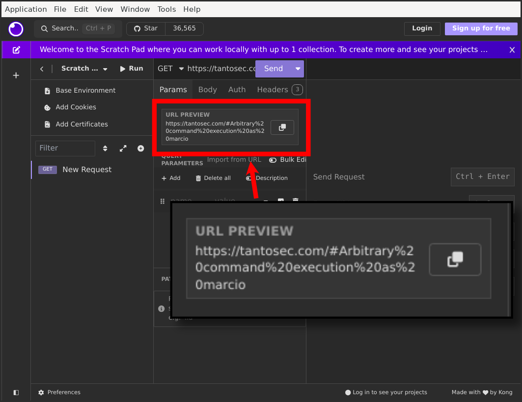 A screenshot of Insomnia. The malicious URL has been pasted into the URL field, and below it is a URL Preview that shows the text “https://tantosec.com/#Arbitrary%20command%20execution%20as%20marcio