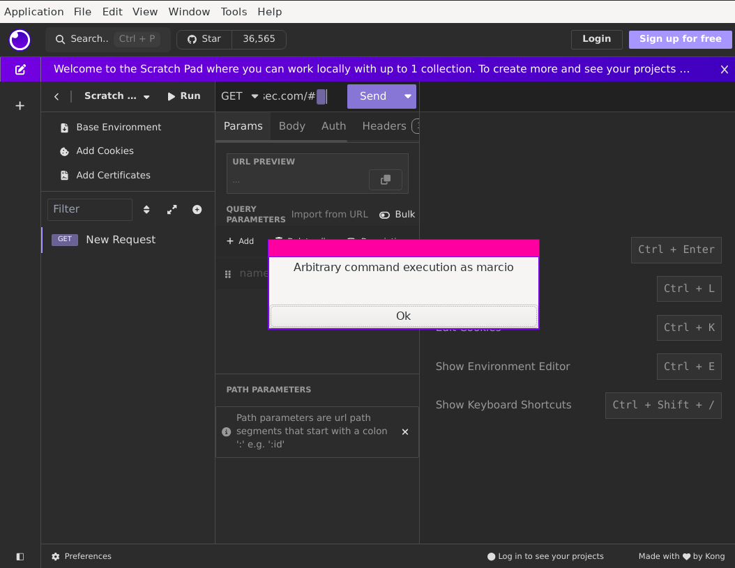 A screenshot of Insomnia. The malicious URL has been pasted into the URL field. In the foreground is a popup that shows the text “Arbitrary command execution as marcio”.