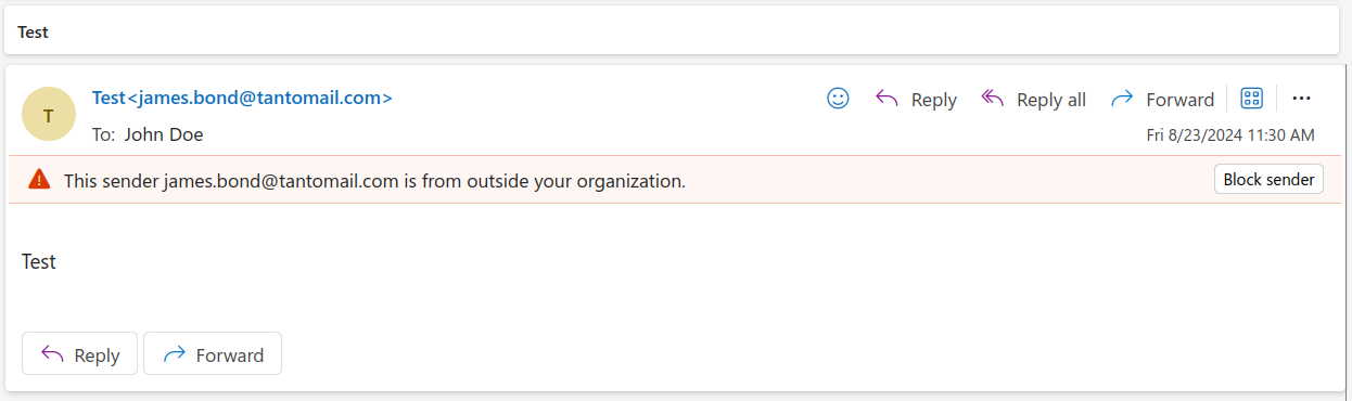 Screenshot of an email with an invisible control character inserted in the display name.