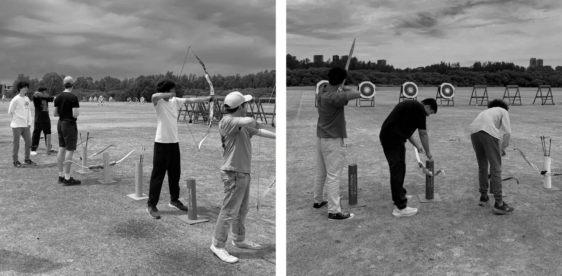 Two photos of people at an archery range